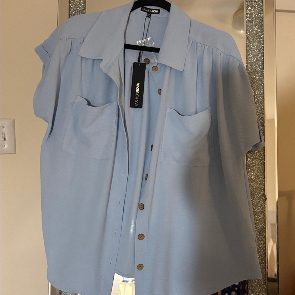 Fashion Nova Light Blue Button-Up Top